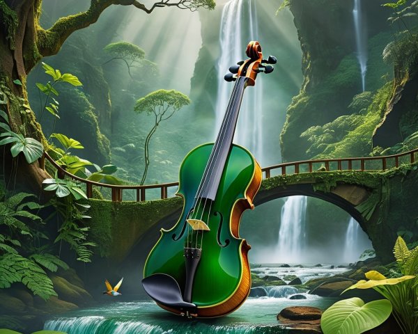 Green Violin in Lush Jungle with Waterfall and Bridge