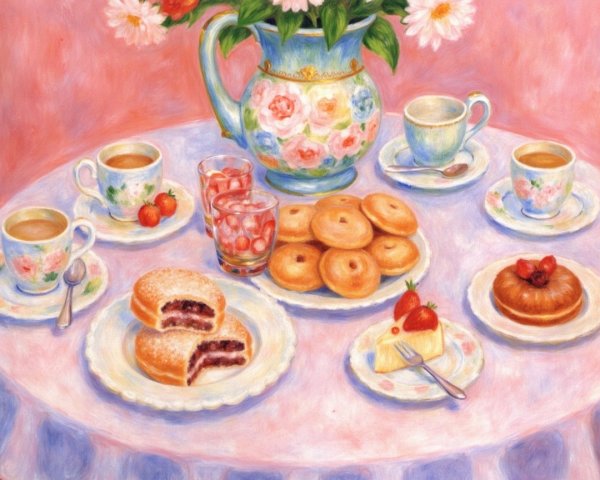 Charming Tea Table with Floral Teacups and Pastries