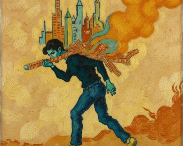 Surreal Figure Carrying Cityscape and Smoke Elements