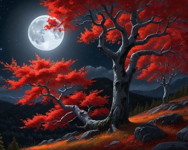Moonlit Landscape with Red Trees and Dark Peaks
