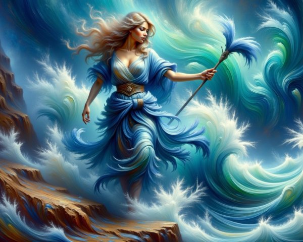 Majestic figure in flowing blue garments among waves