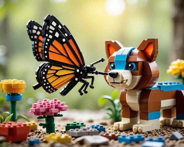 Colorful LEGO Scene with Dog and Butterfly in Nature