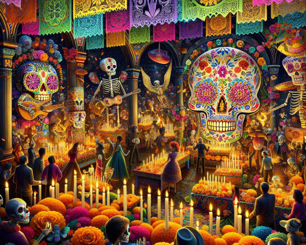 Vibrant Día de los Muertos Celebration with Skulls and Flowers