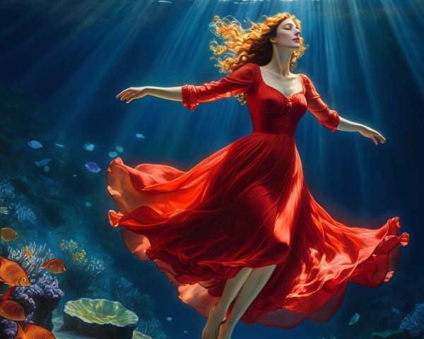 Underwater Scene of a Woman in a Red Dress
