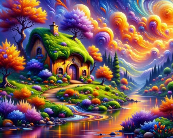 Whimsical Cottage in a Colorful Landscape Scene