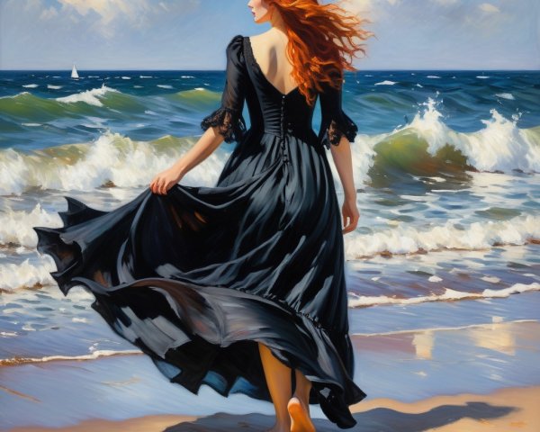 Woman in black dress walks on sandy beach with waves
