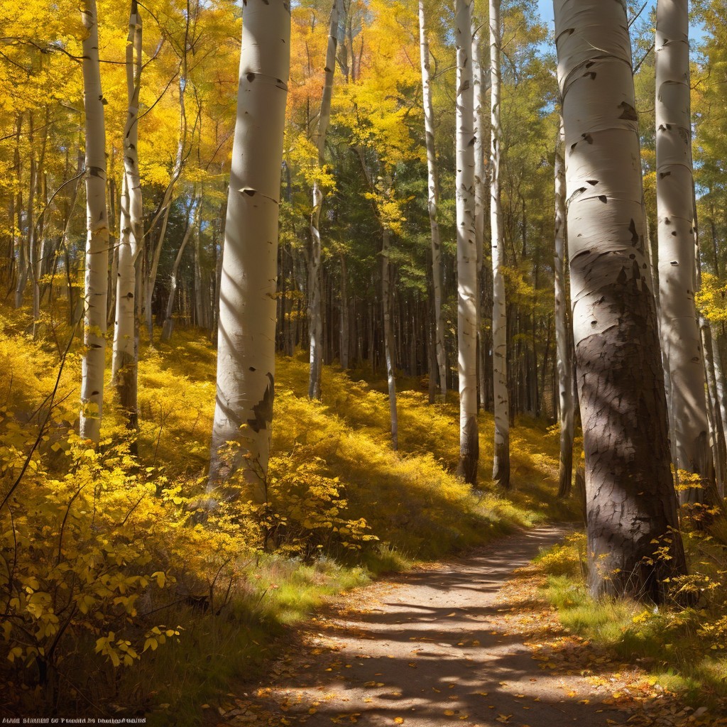 Serene forest path among tall aspen trees in autumn