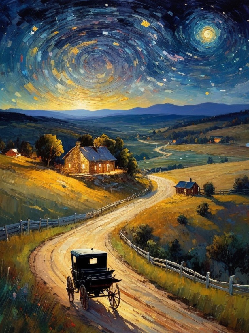Twilight Landscape with Dirt Road and Farmhouse