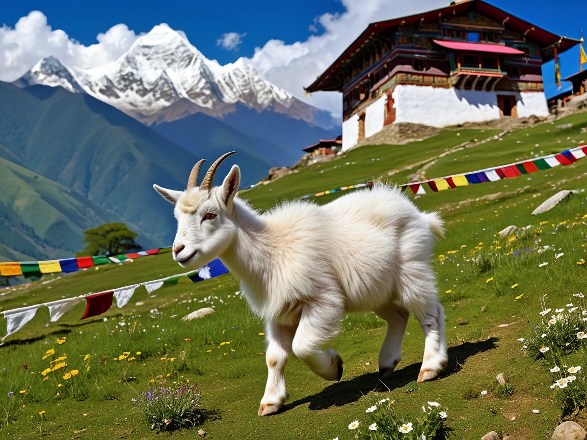Fluffy Goat in Meadow with Colorful Prayer Flags