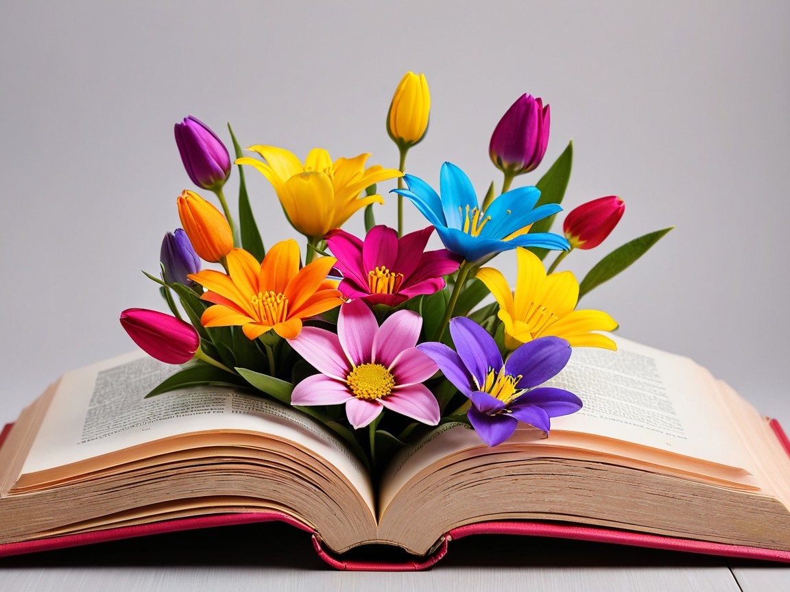 Open Book with Colorful Artificial Flower Arrangement