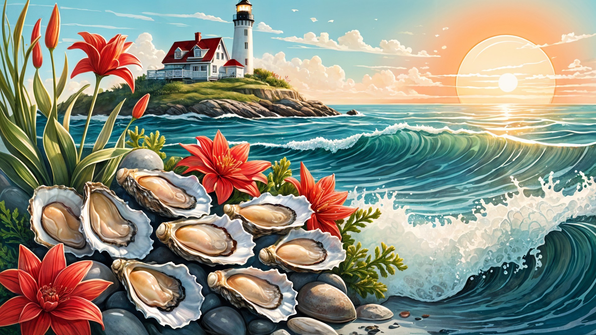 Coastal Landscape with Lighthouse and Sunset Colors