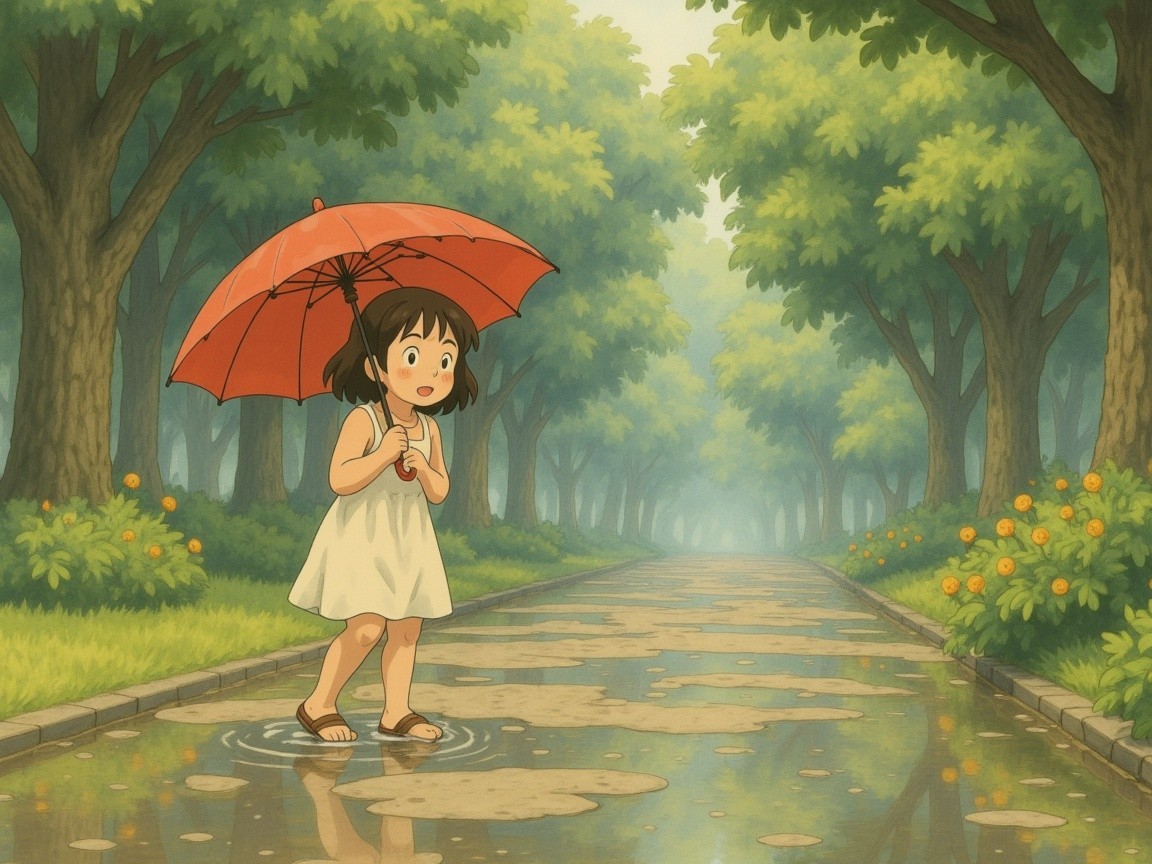 Young girl in white dress with red umbrella in puddle