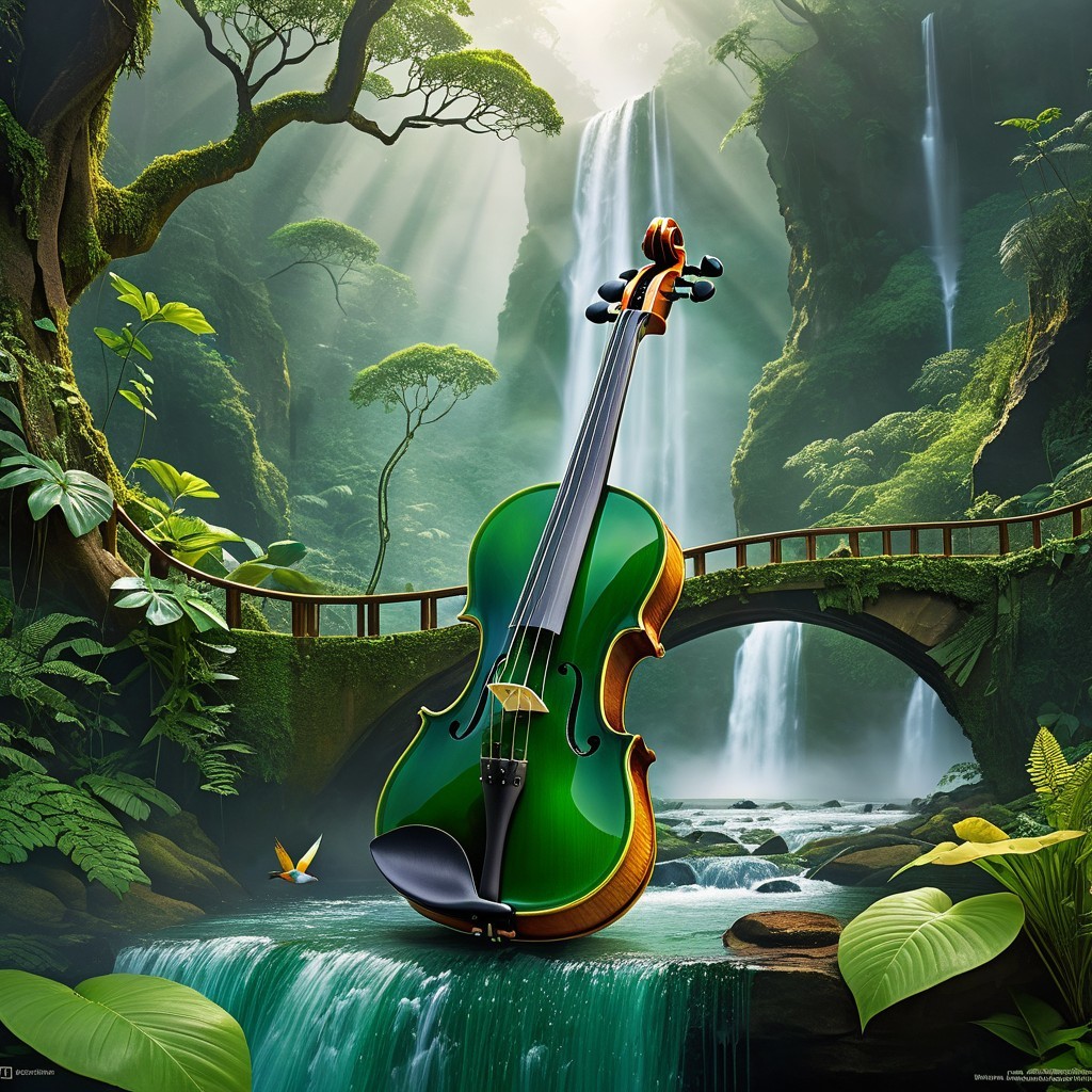Green Violin in Lush Jungle with Waterfall and Bridge