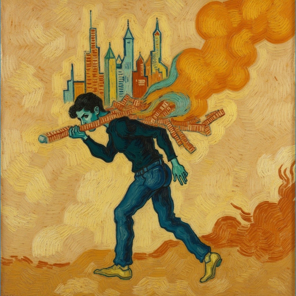 Surreal Figure Carrying Cityscape and Smoke Elements