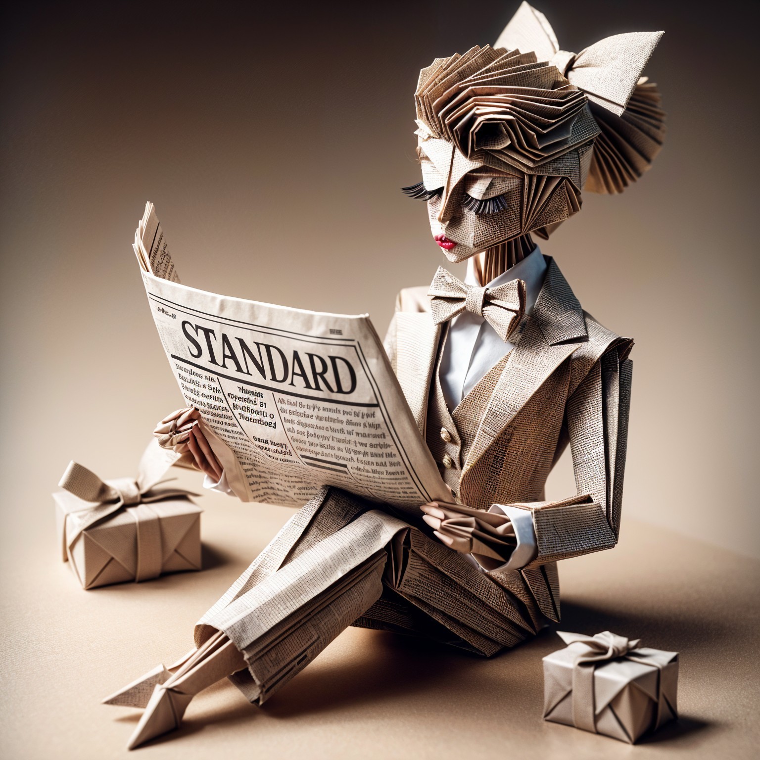 Sophisticated Origami Figure Reading Newspaper in Suit