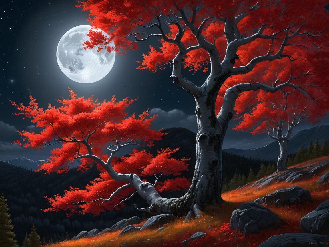 Moonlit Landscape with Red Trees and Dark Peaks