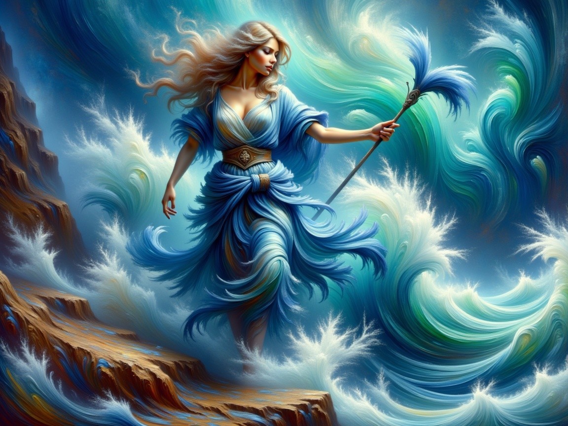 Majestic figure in flowing blue garments among waves
