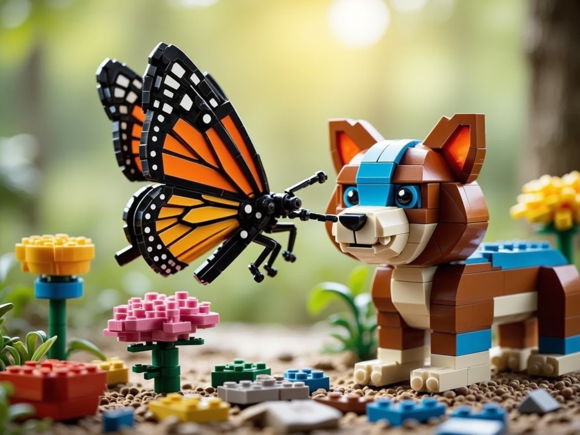 Colorful LEGO Scene with Dog and Butterfly in Nature