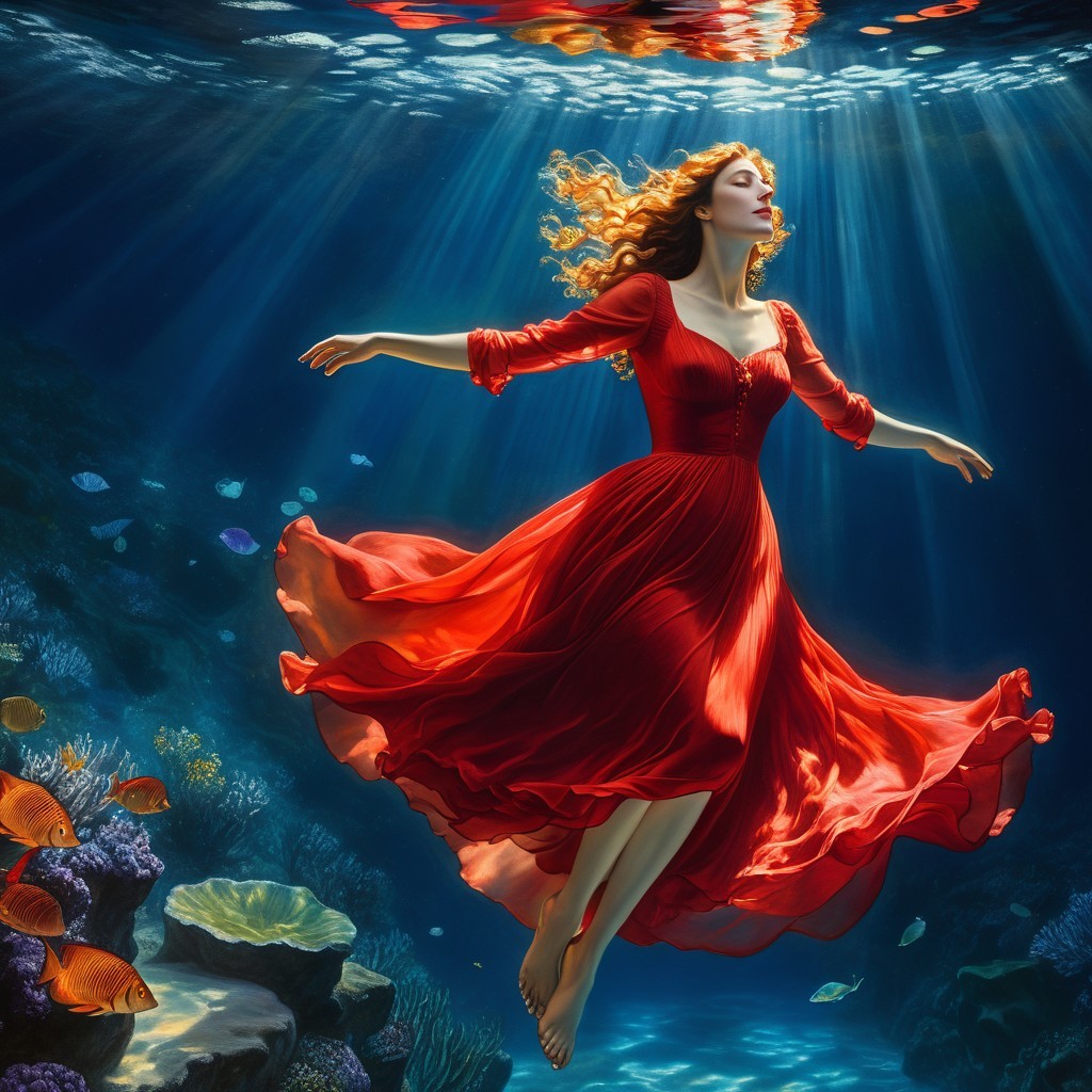 Underwater Scene of a Woman in a Red Dress