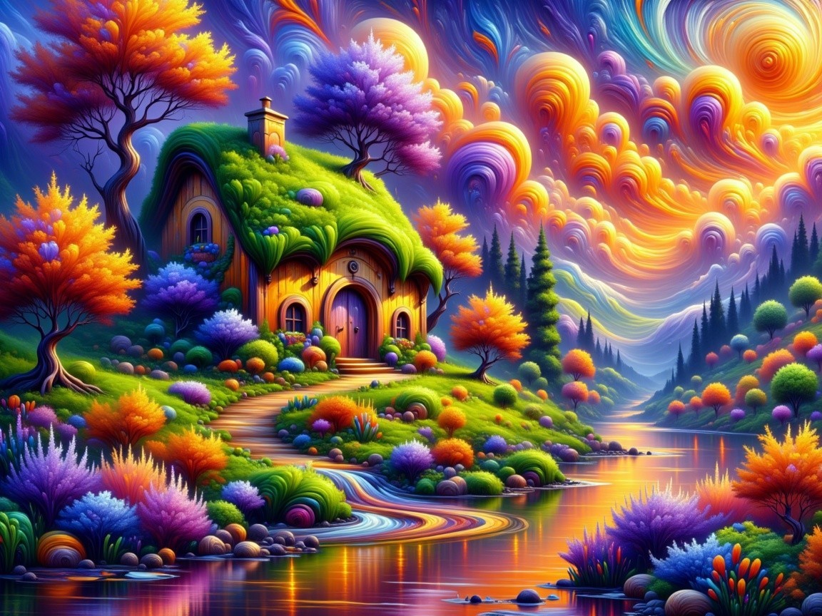 Whimsical Cottage in a Colorful Landscape Scene
