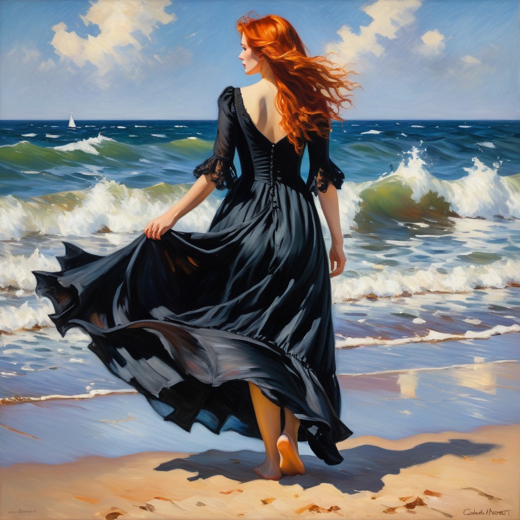Woman in black dress walks on sandy beach with waves