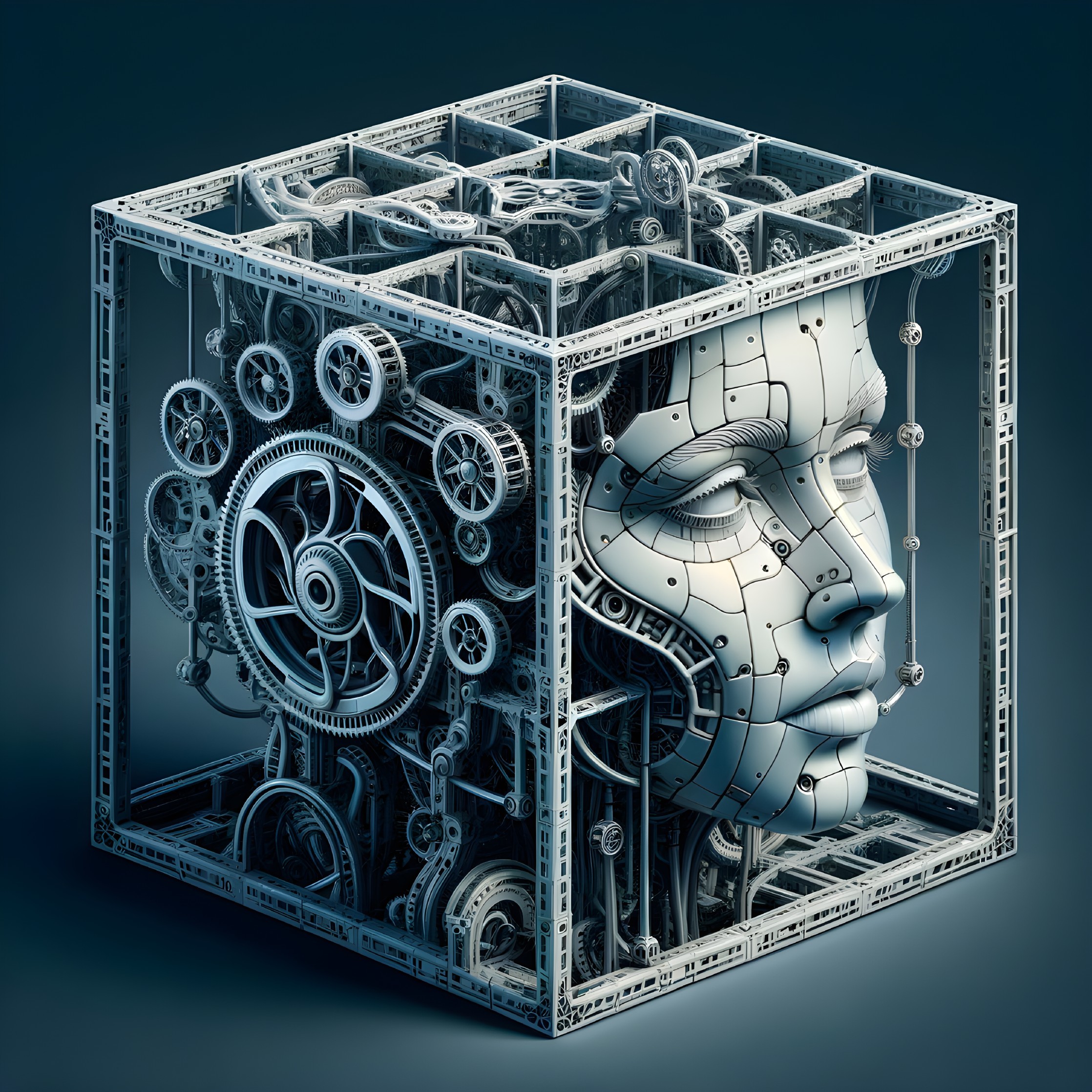 Surreal Cube with Robotic Face and Mechanical Design
