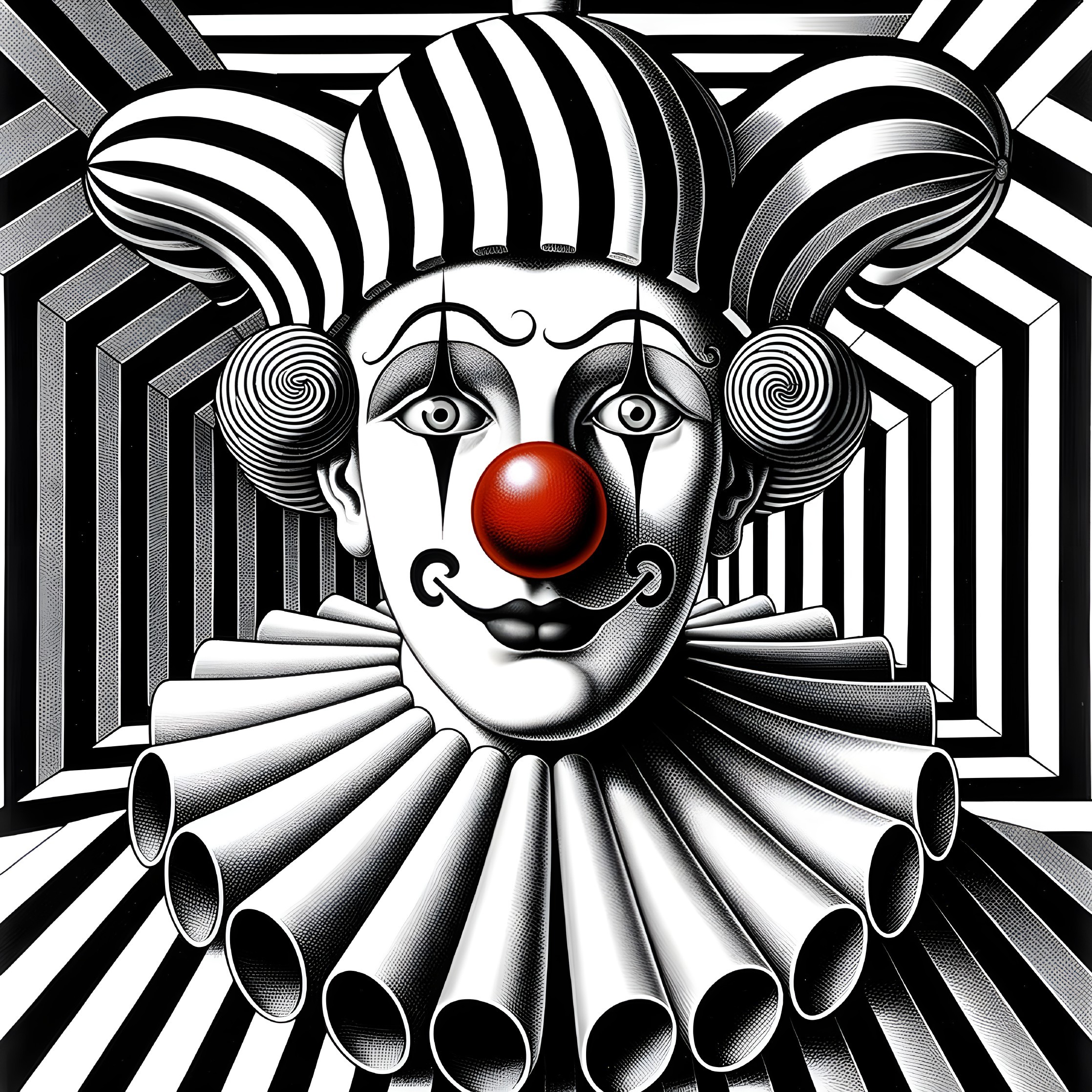 Stylized Clown with Bold Features and Optical Illusion