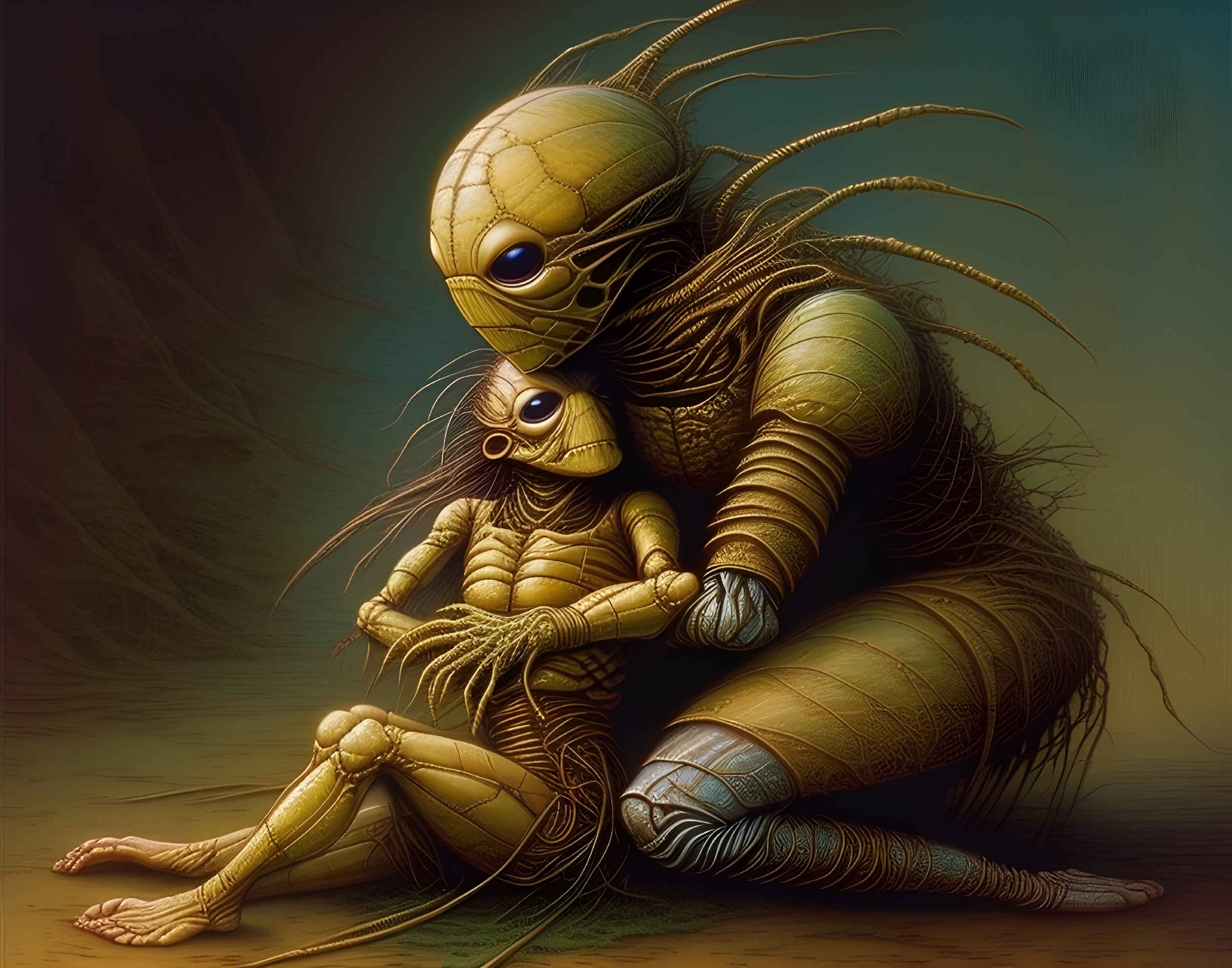 Surreal Figures in Intimate Moment with Textured Details