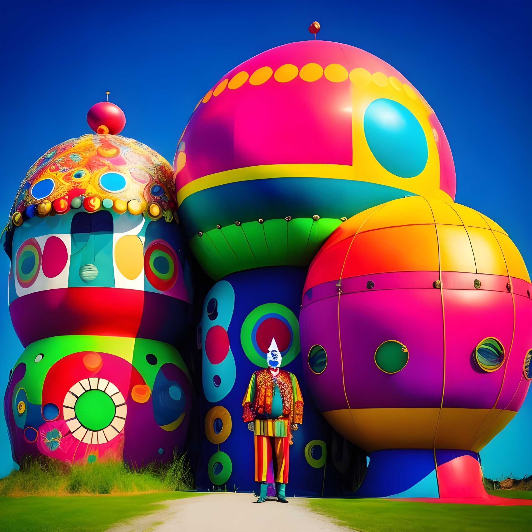 Whimsical Scene with Colorful Mushrooms and Clown
