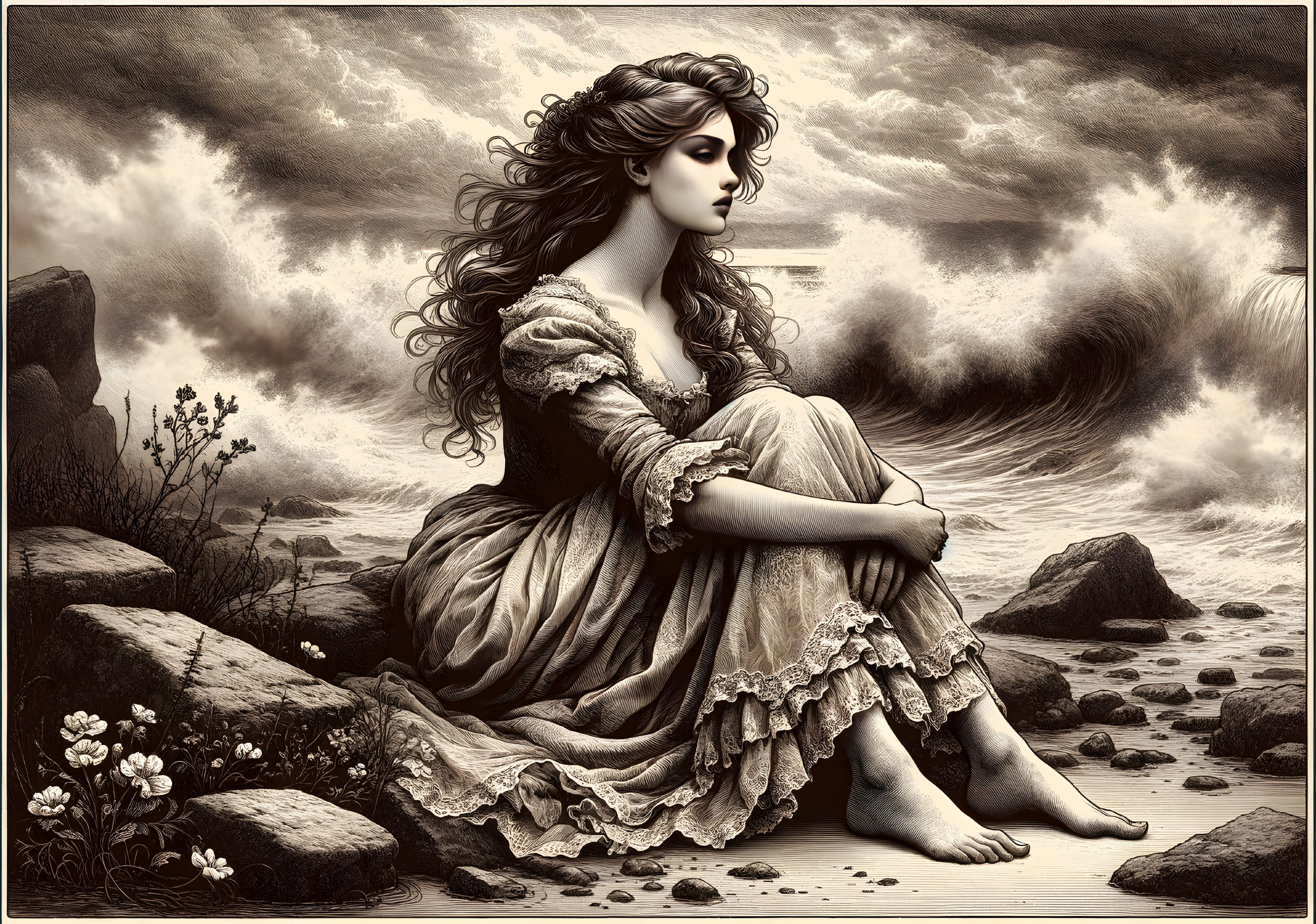 Melancholic Woman on Rocky Shore with Turbulent Sea