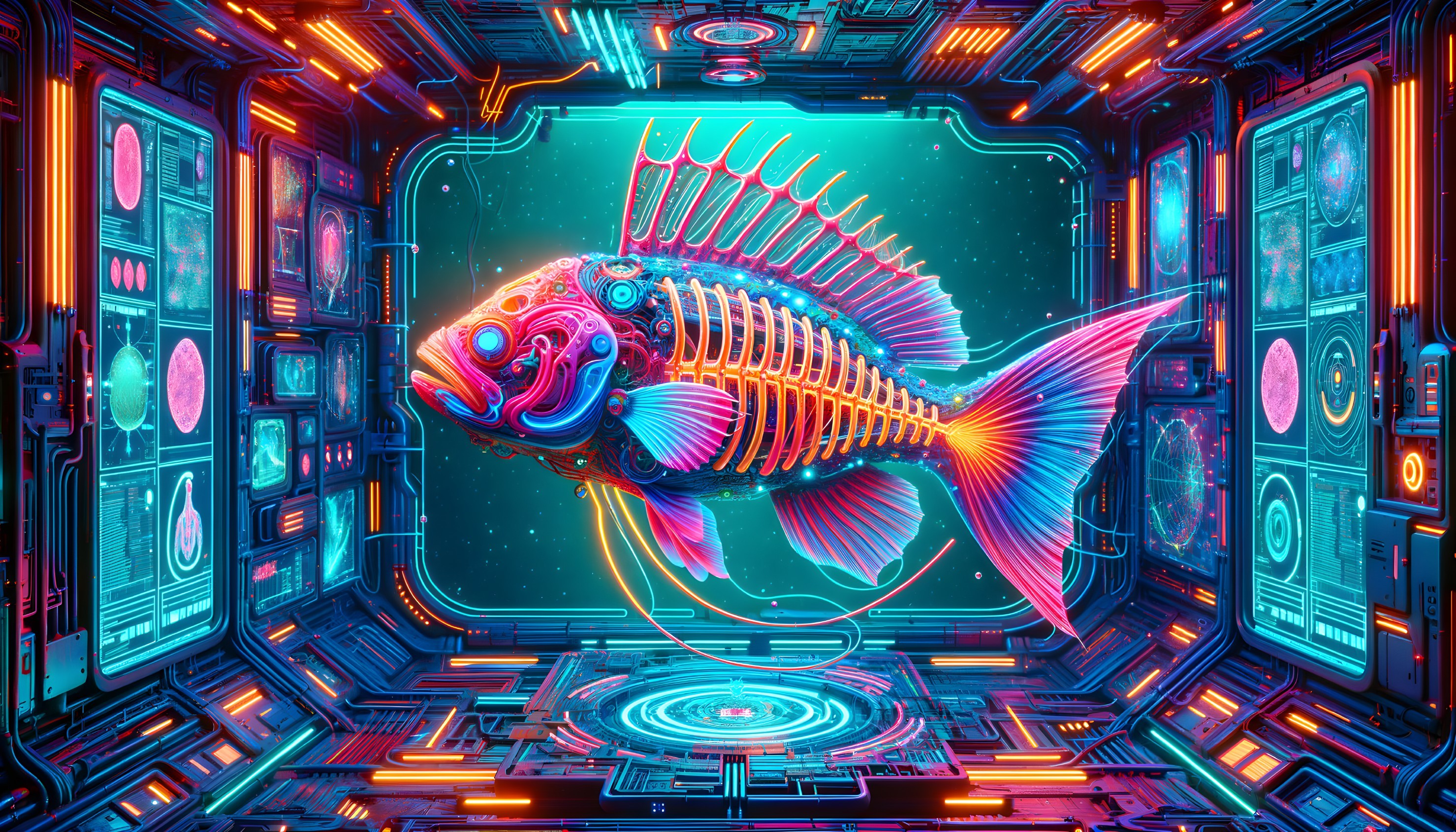 Colorful Cybernetic Fish in Futuristic Spaceship Corridor