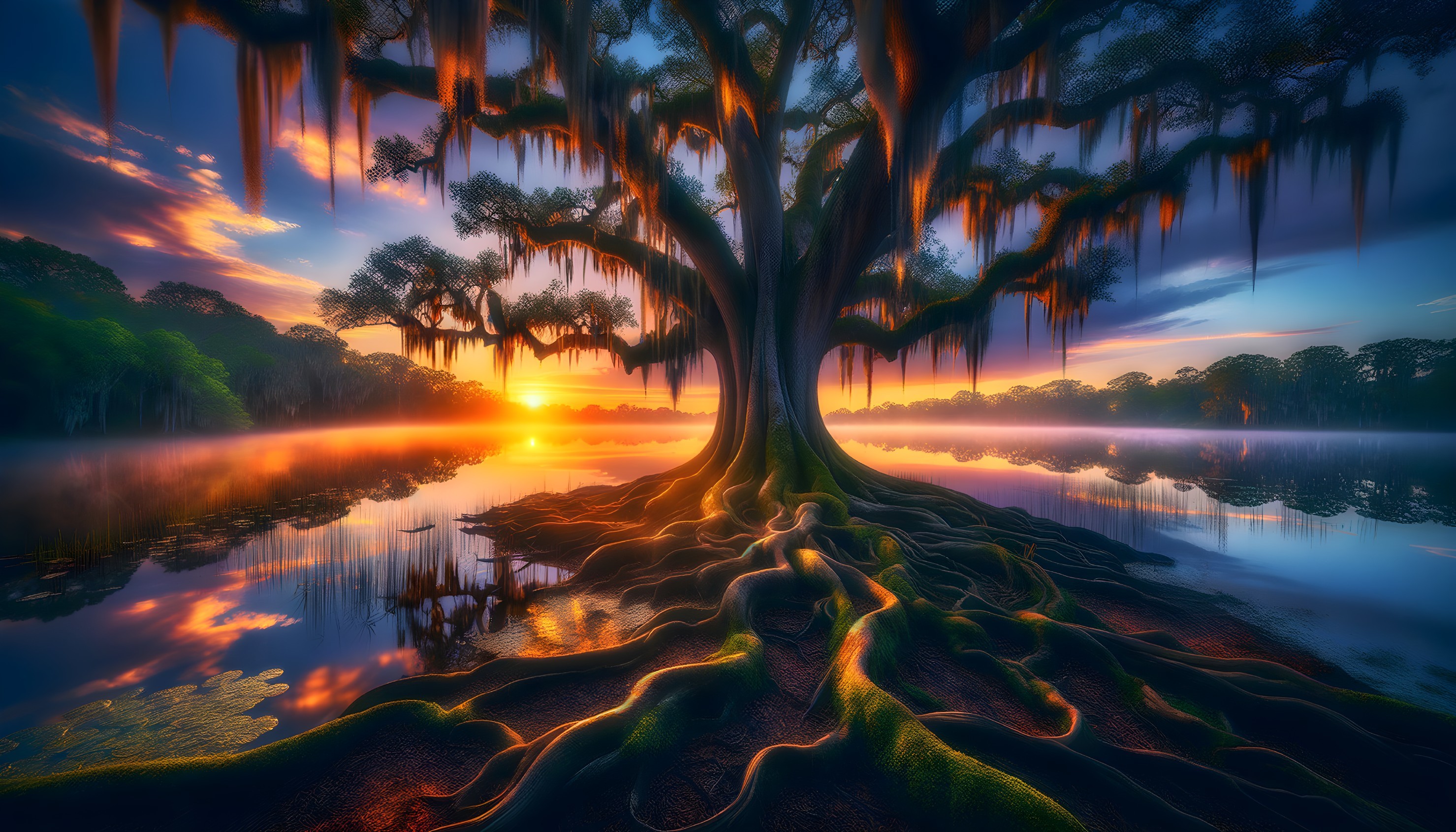 Majestic Tree by Serene Lake at Sunset