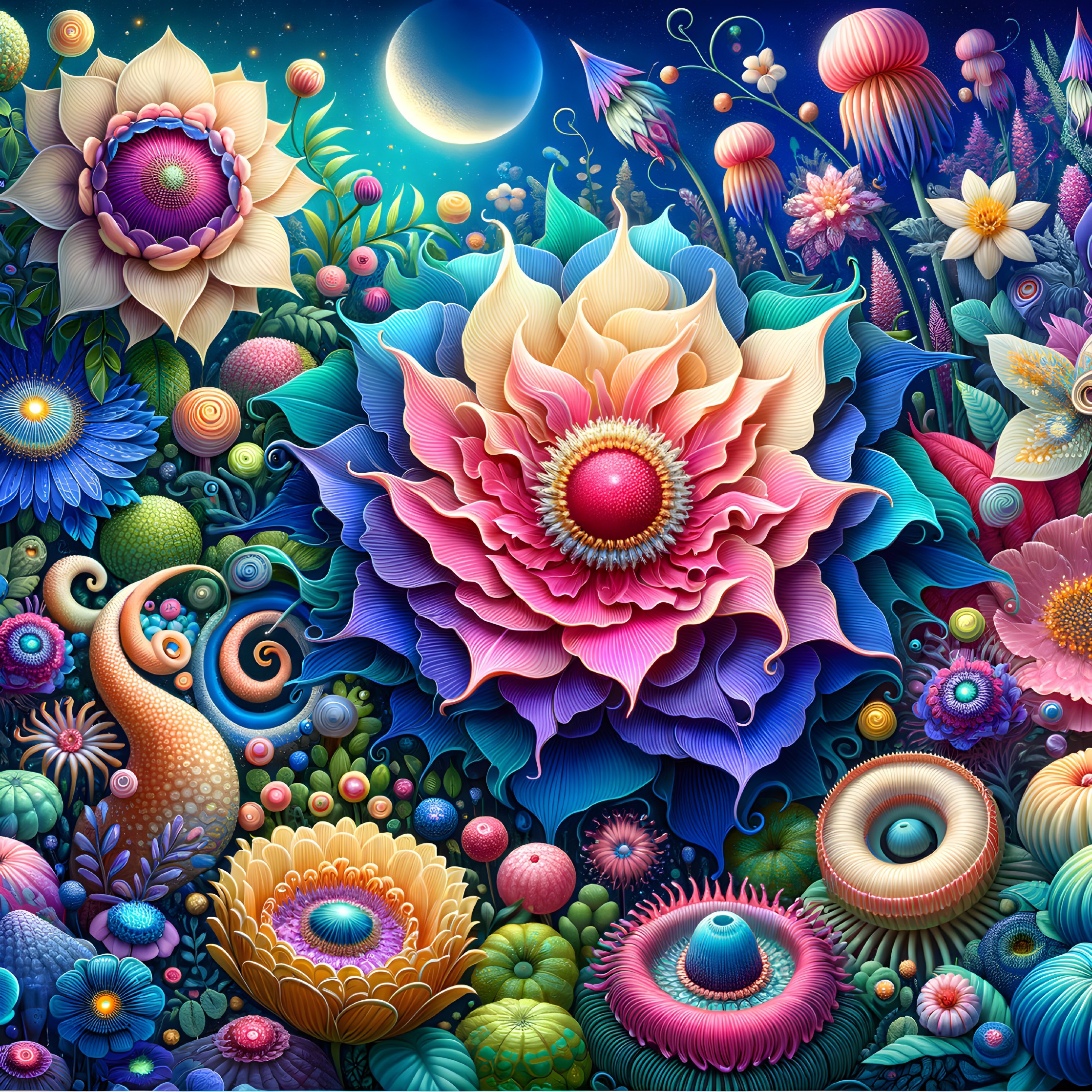 Surreal garden with colorful flowers and starlit background