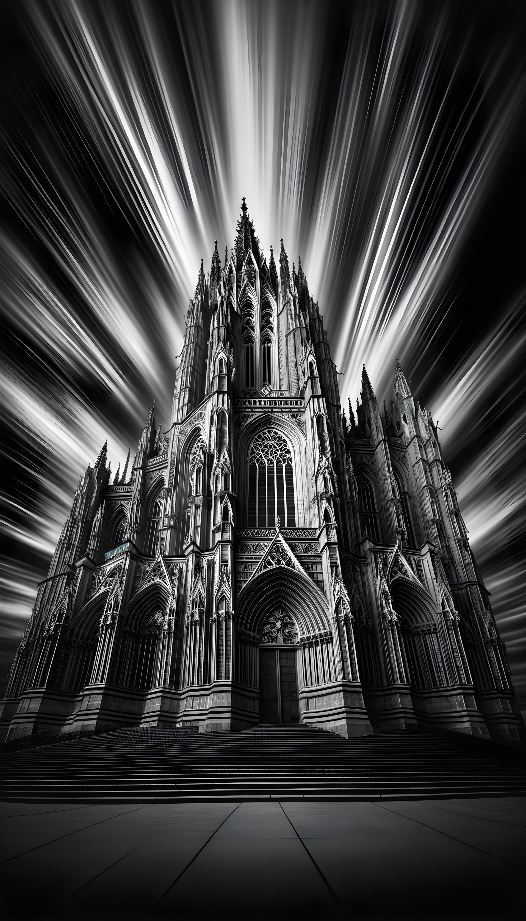 Monochromatic Gothic Cathedral with Dramatic Light Streaks