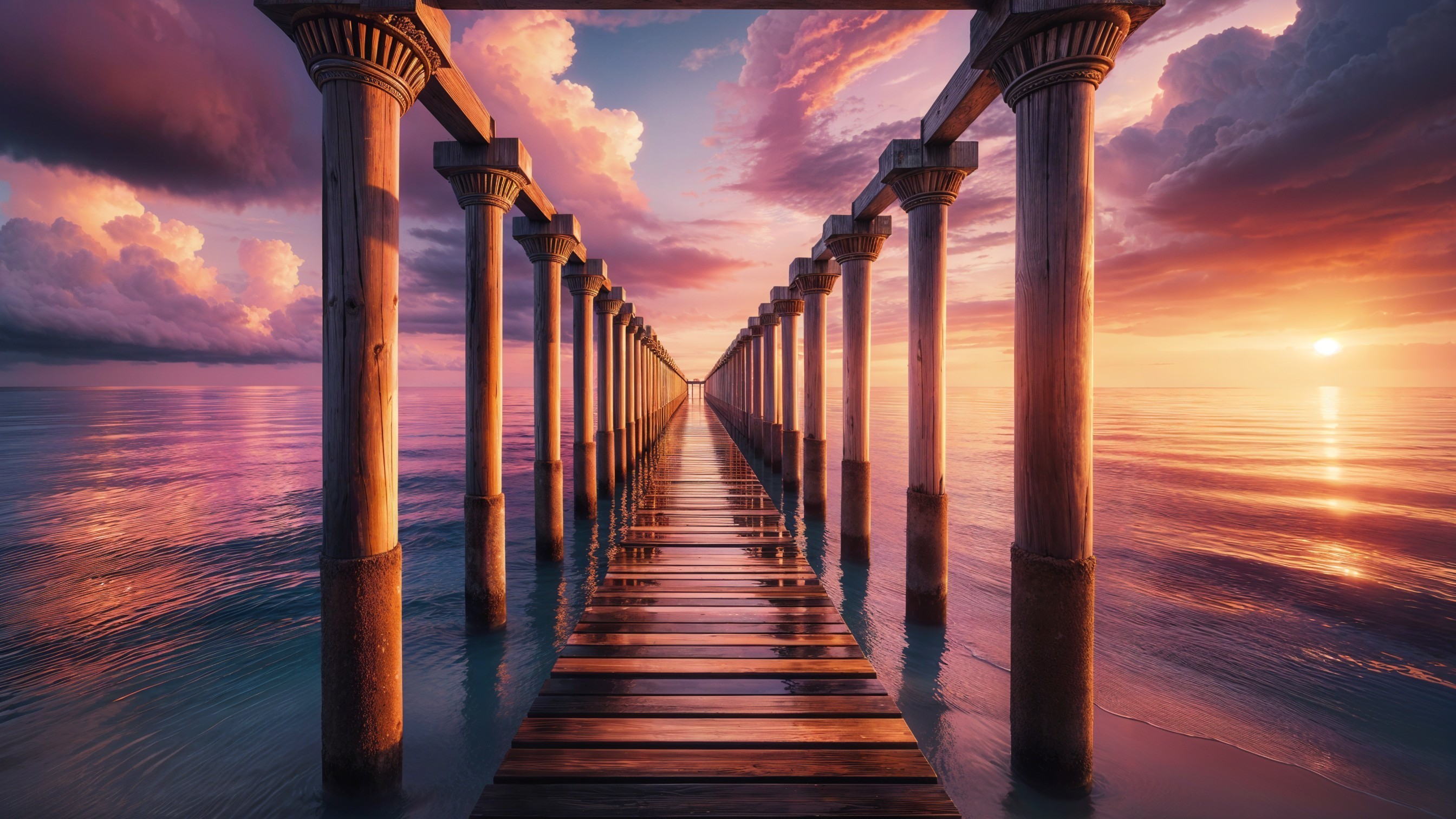 Tranquil Sunset Over Wooden Pier and Calm Waters