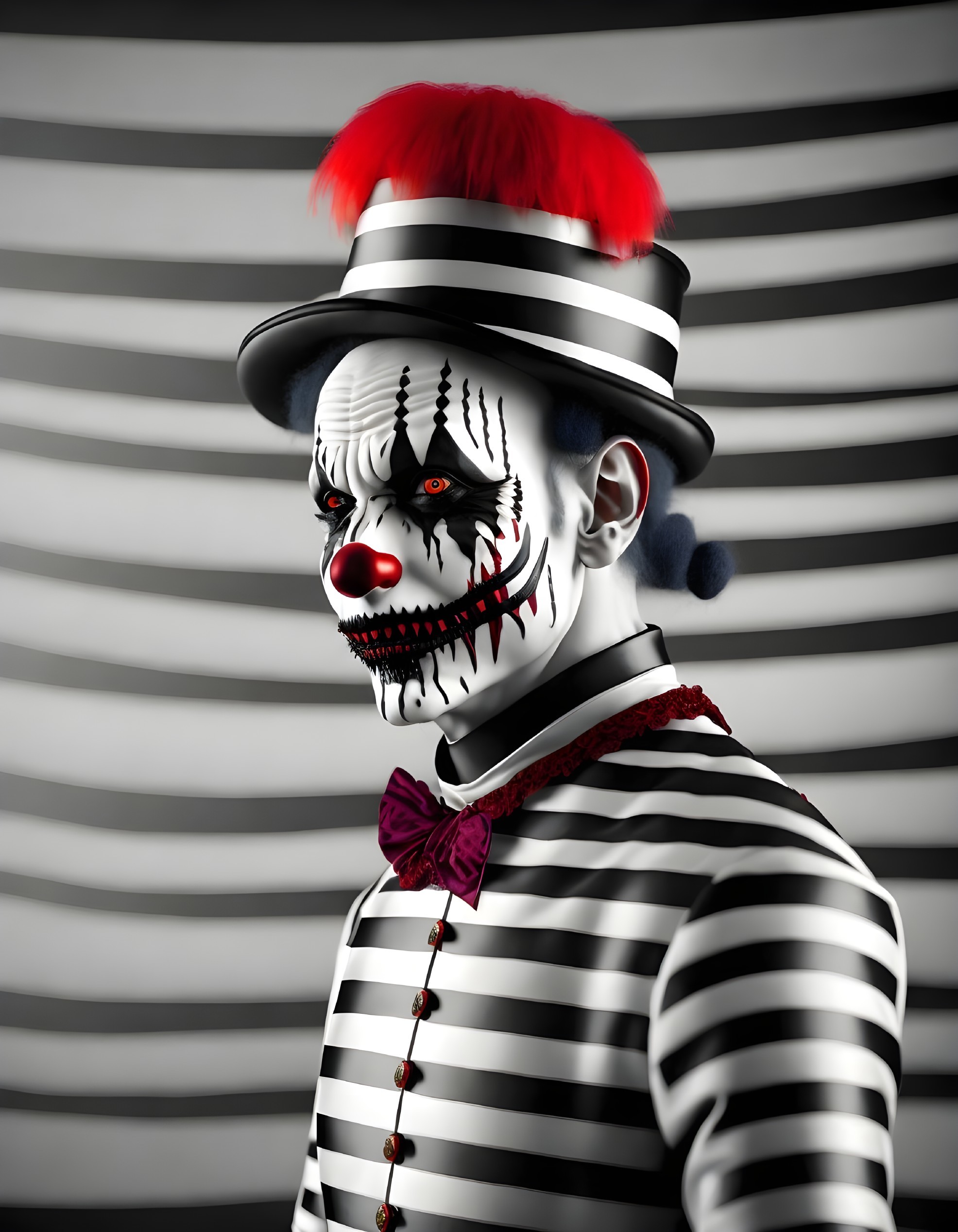 Clown in Striped Outfit and Top Hat on Striped Background