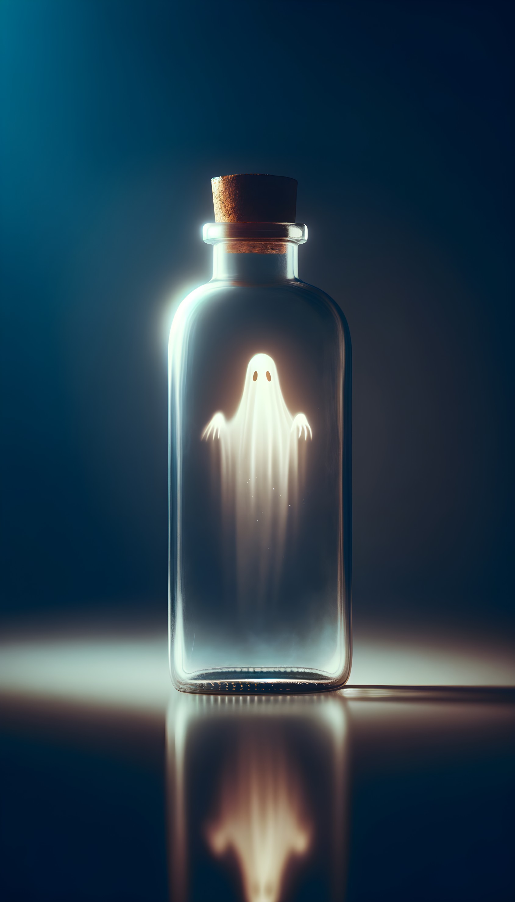 Whimsical Glass Bottle with Glowing Ethereal Ghost