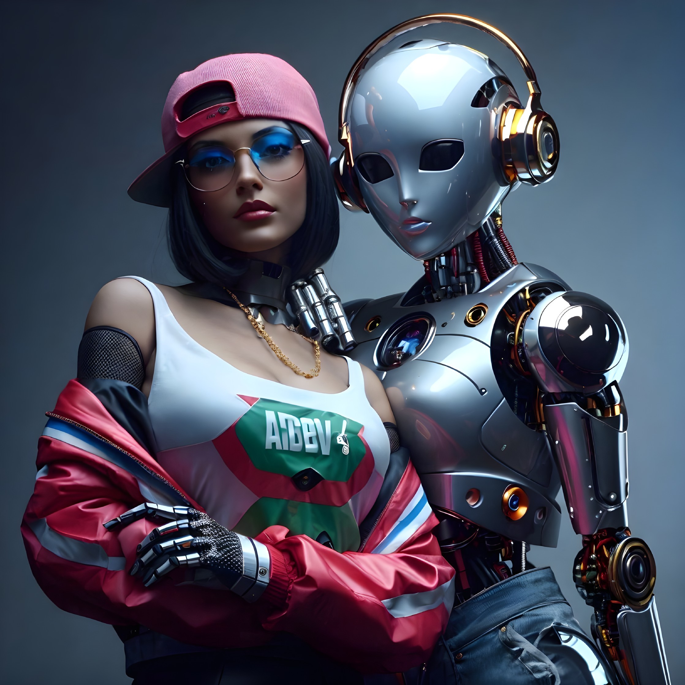 Futuristic Scene with Stylish Woman and Humanoid Robot