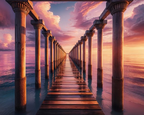 Tranquil Sunset Over Wooden Pier and Calm Waters
