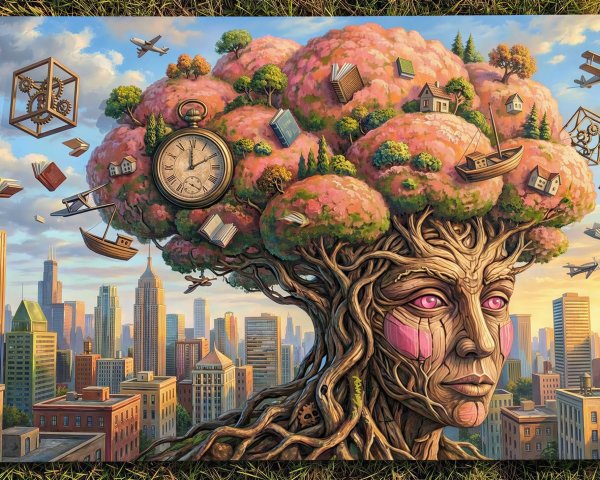 Oil Painting of Woman with Tree Roots and Blossoms