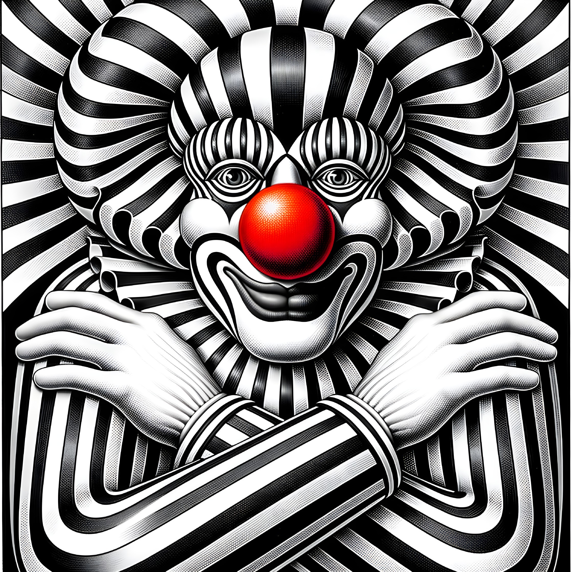 Stylized clown with red nose and striped background