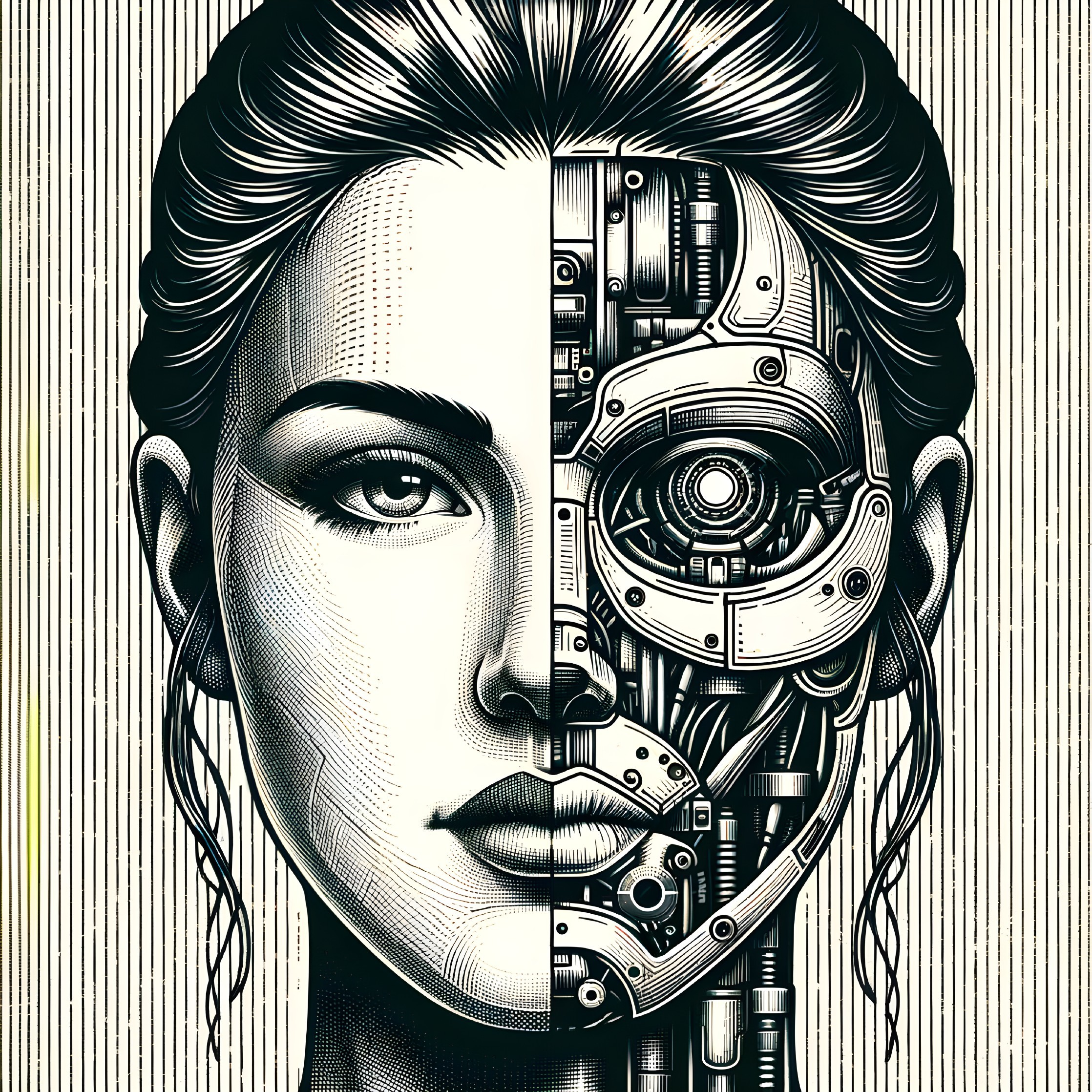 Half-and-Half Portrait of Woman with Cybernetic Features