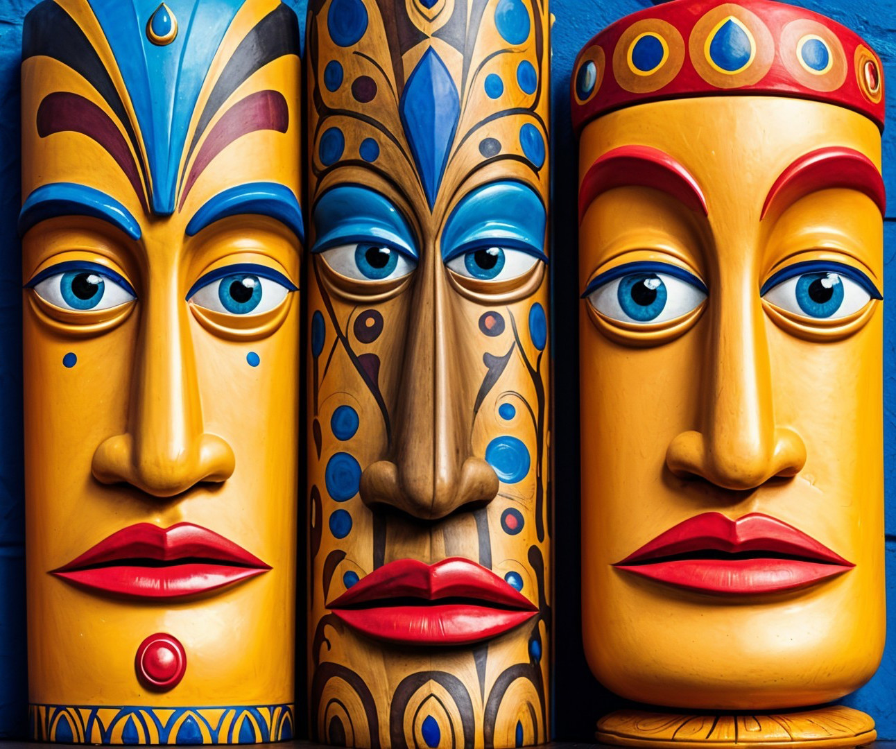 Stylized Masks with Bold Colors on Blue Background