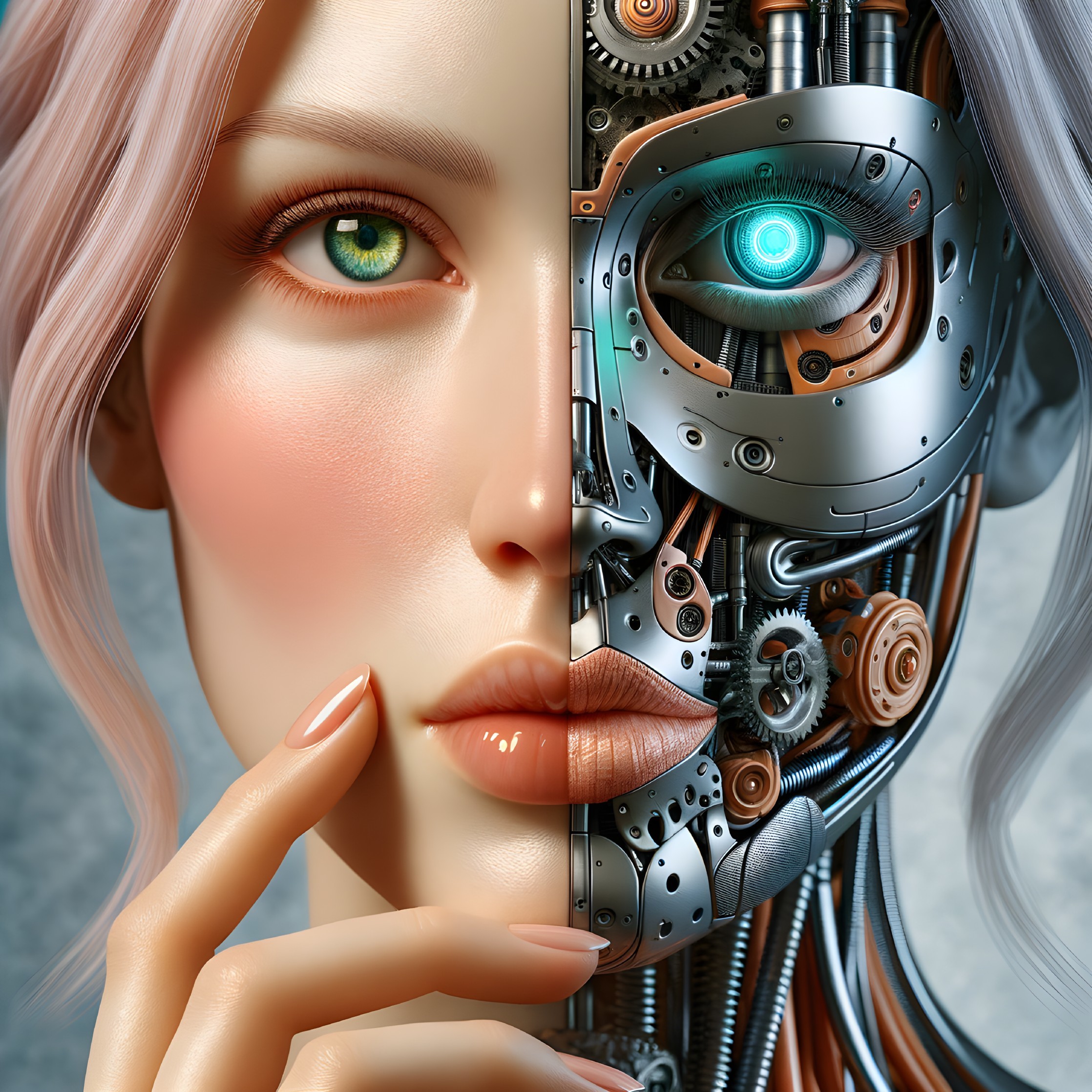 Split Face of Woman Blending Human and Robotic Elements