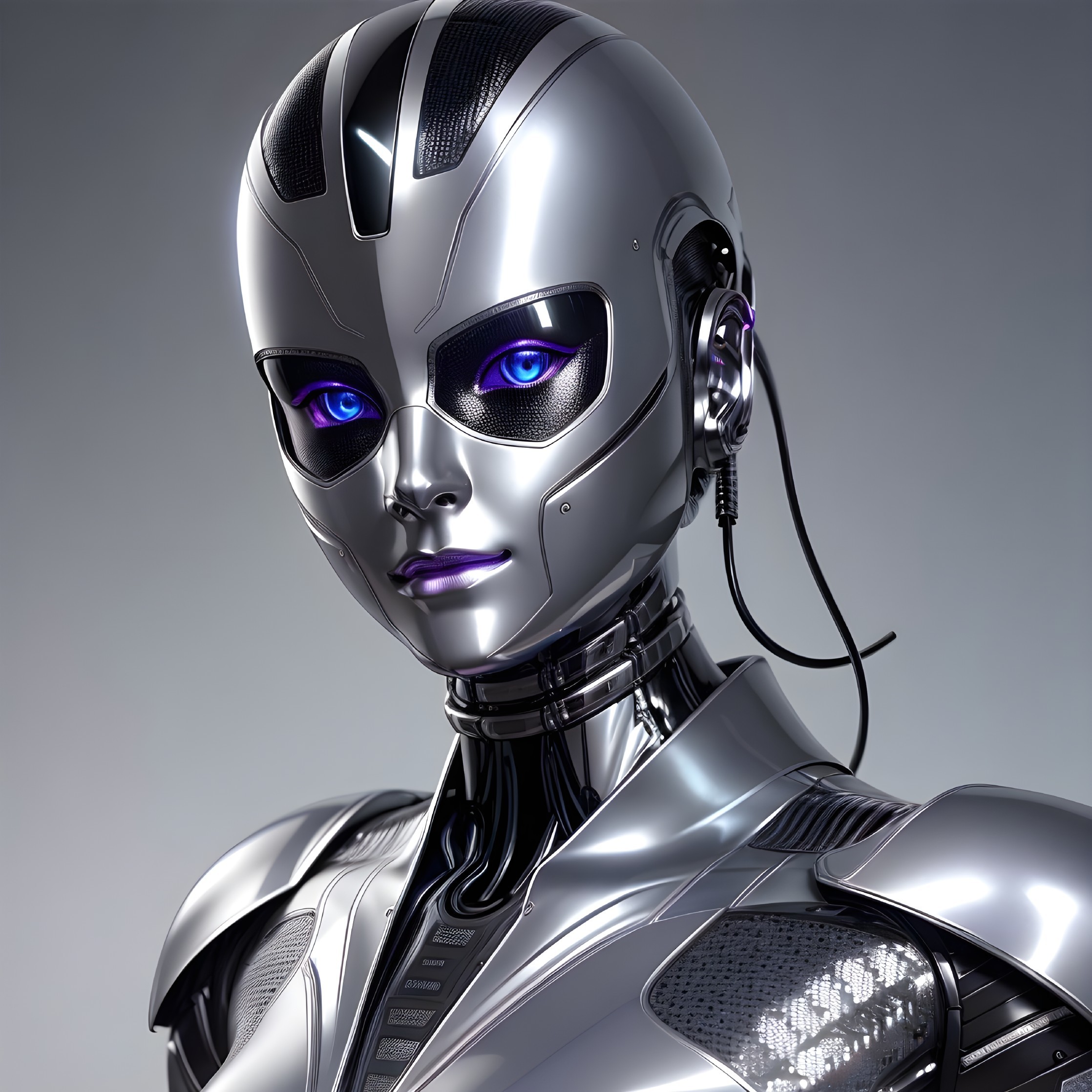 Futuristic Robot with Metallic Surface and Purple Eyes