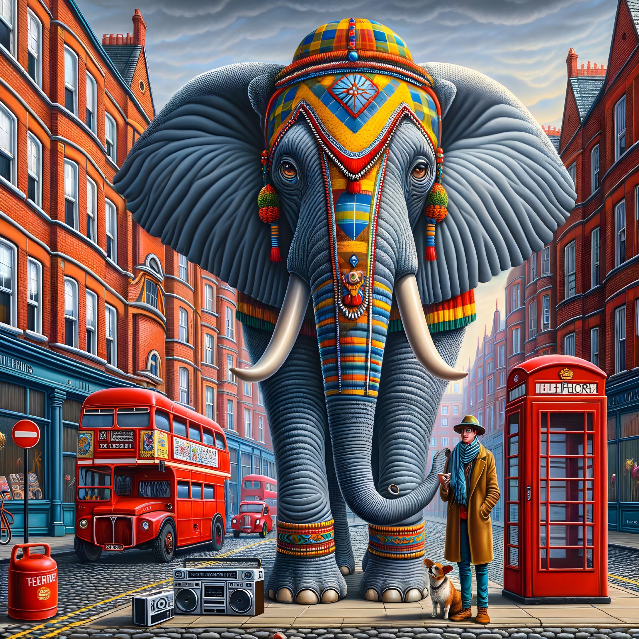 Majestic elephant in colorful decorations on a street