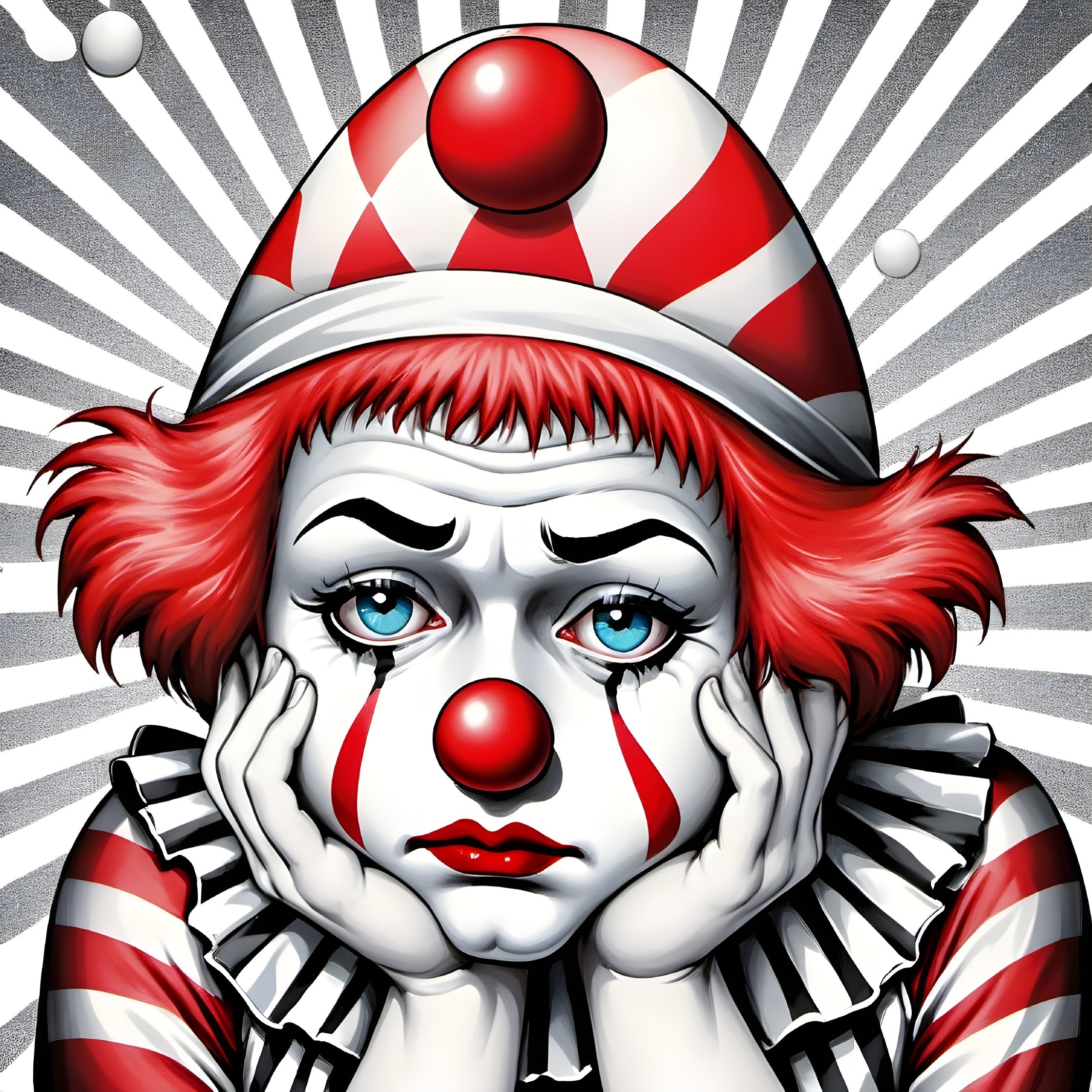 Melancholic clown with blue eyes and red hair