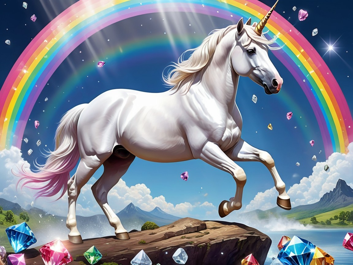 Unicorn on Rocky Outcrop with Rainbow and Gemstones