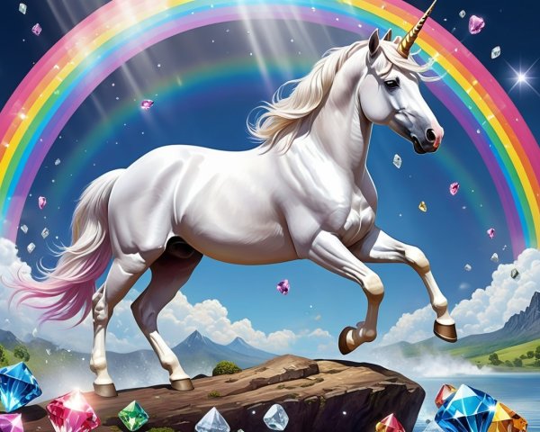 Unicorn on Rocky Outcrop with Rainbow and Gemstones