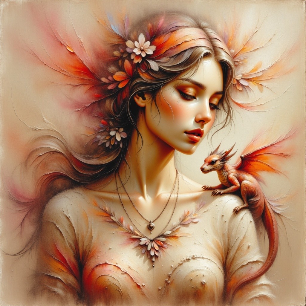 Serene Woman with Floral Crown and Whimsical Dragon